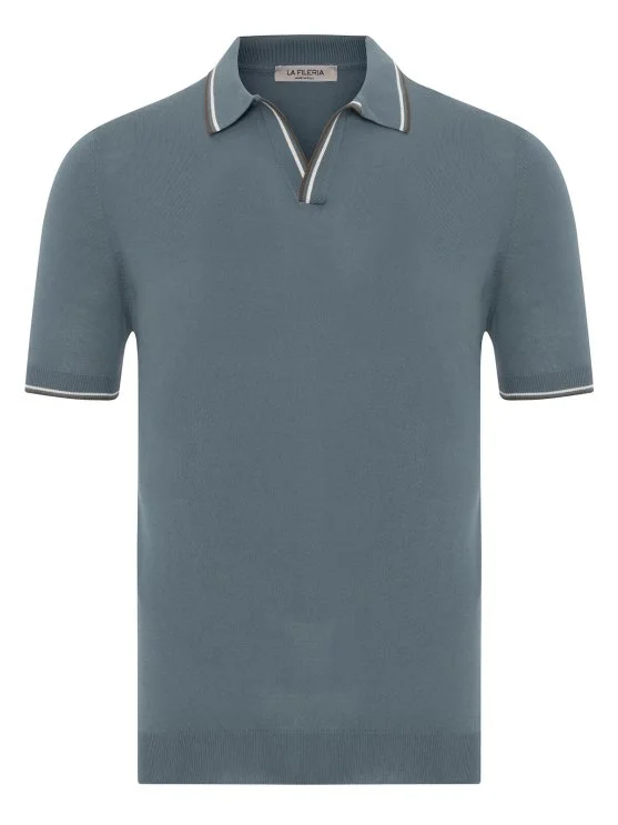La Fileria Ocean Blue Polo Collar Cotton Regular Fit Sweater - La Fileria