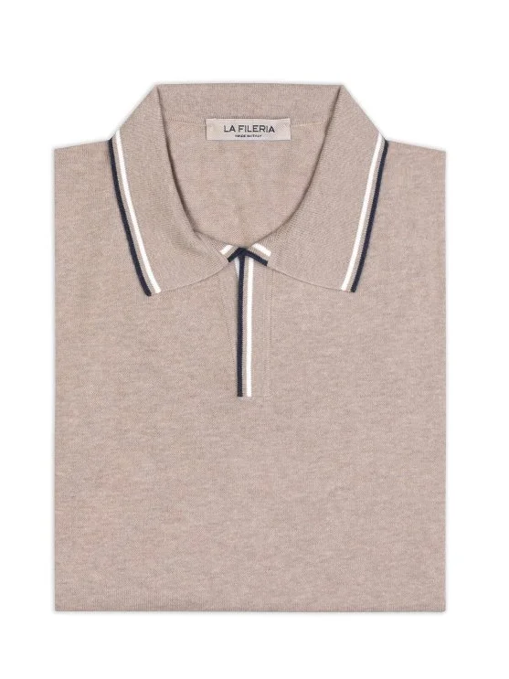 La Fileria Sand Beige Polo Neck Cotton Regular Fit Knitwear - La Fileria