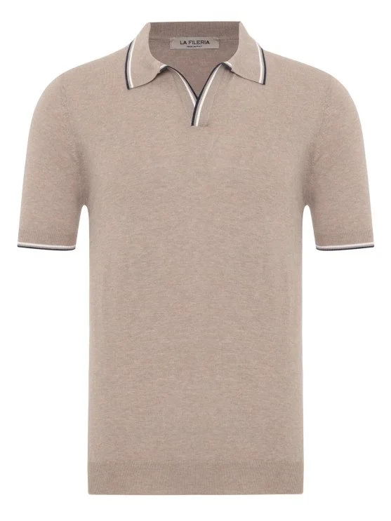 La Fileria Sand Beige Polo Neck Cotton Regular Fit Knitwear - La Fileria