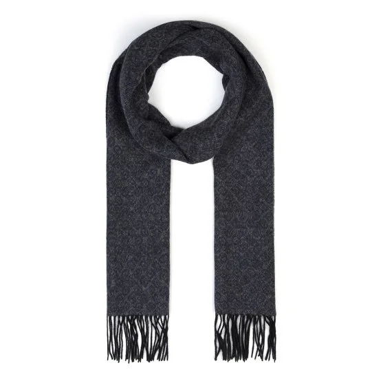 Germirli Navy Blue Gray Patterned Wool Scarf with Thread - Germirli 