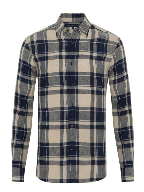 Germirli Navy Blue Plaid Patterned Linen Men's Button-Down Collar Shirt - Germirli 