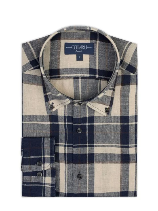 Germirli Navy Blue Plaid Patterned Linen Men's Button-Down Collar Shirt - Germirli 