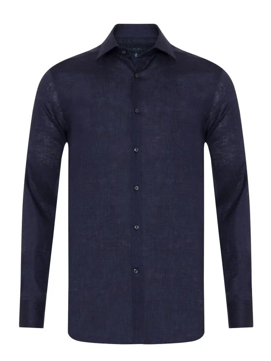Germirli Navy Blue Thomas Mason Non Iron Classic Collar Tailor Fit Linen Shirt - Germirli 
