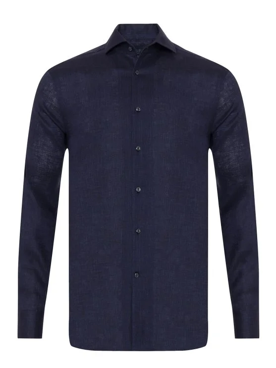 Germirli Navy Blue Thomas Mason Non Iron Lapel Collar Tailor Fit Linen Shirt - Germirli 