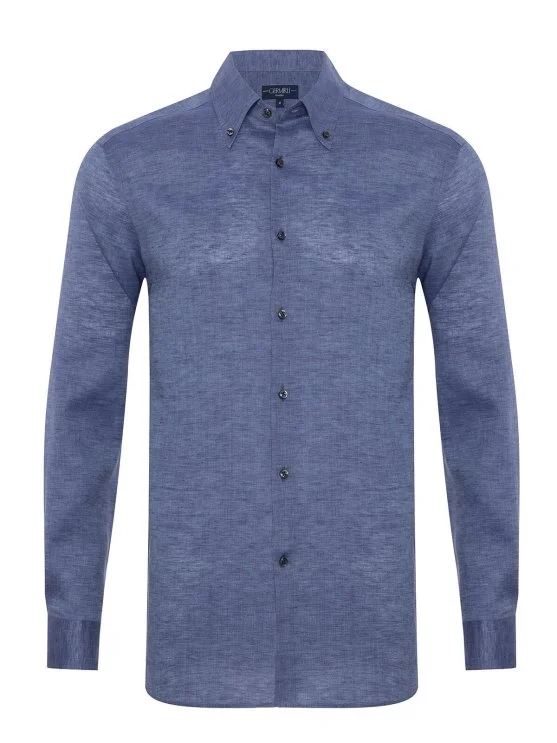 Non Iron Journey Aviator Blue Button-down Collar Tailor Fit Linen Shirt with Germirli - Germirli 