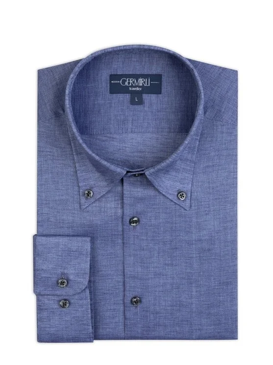 Non Iron Journey Aviator Blue Button-down Collar Tailor Fit Linen Shirt with Germirli - Germirli 
