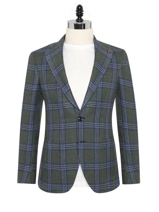 Sartoria Latorre Green Navy Blue Plaid Vitale Barberis Linen Silk Cotton Unlined Jacket - Sartoria Latorre