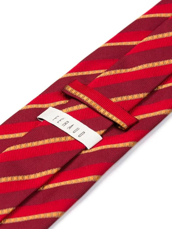Feraud Bordo Kırmızı Dokulu Şerit Çizgili İpek İtalyan Kravat - Feraud