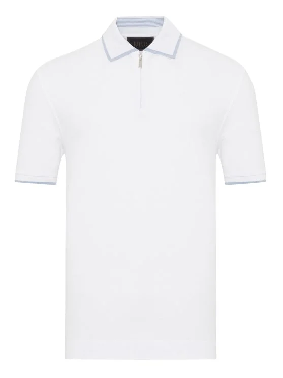 Gallus Beyaz Fermuarlı Polo Yaka Pike Merserize Regular Fit Tişört - Gallus
