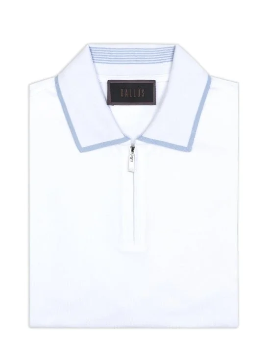 Gallus Beyaz Fermuarlı Polo Yaka Pike Merserize Regular Fit Tişört - Gallus
