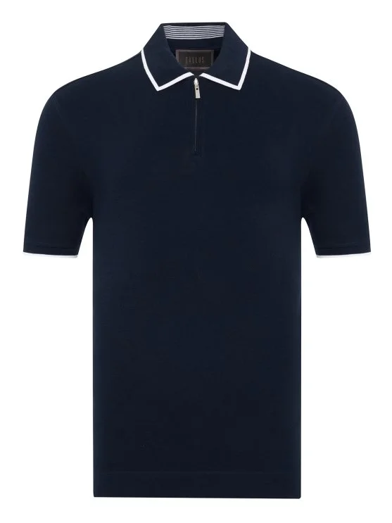 Gallus Lacivert Fermuarlı Polo Yaka Pike Merserize Regular Fit Tişört - Gallus