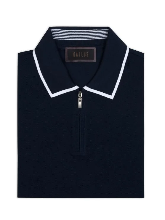 Gallus Lacivert Fermuarlı Polo Yaka Pike Merserize Regular Fit Tişört - Gallus