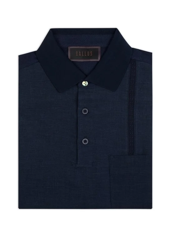Gallus Lacivert Polo Yaka Desenli Cepli Regular Fit Pamuk Keten Tişört - Gallus