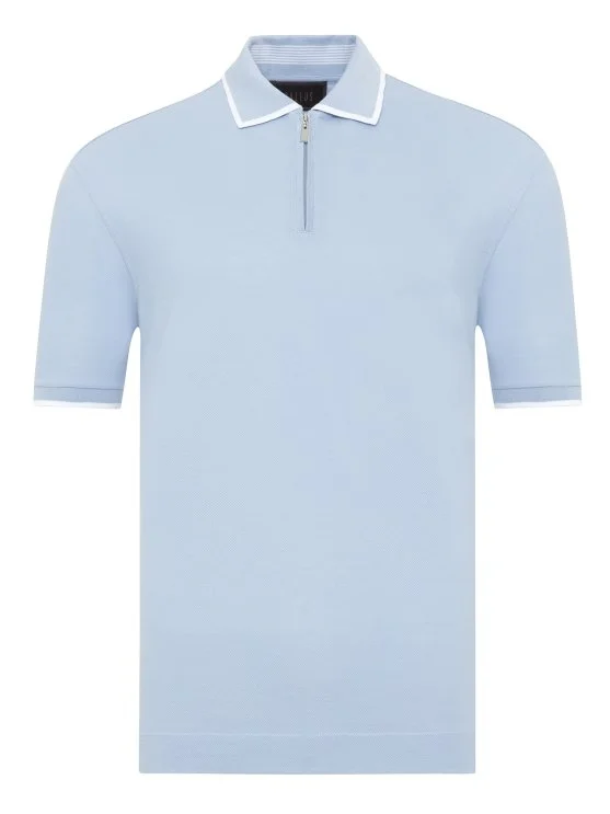 Gallus Mavi Fermuarlı Polo Yaka Pike Merserize Regular Fit Tişört - Gallus