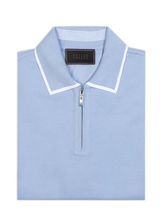 Gallus Mavi Fermuarlı Polo Yaka Pike Merserize Regular Fit Tişört - Gallus