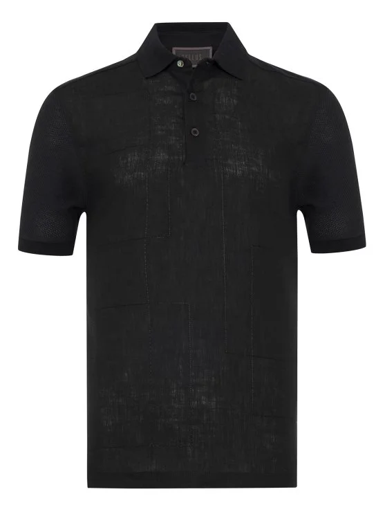 Gallus Siyah Polo Yaka Desenli Regular Fit Pamuk Keten Tişört - Gallus