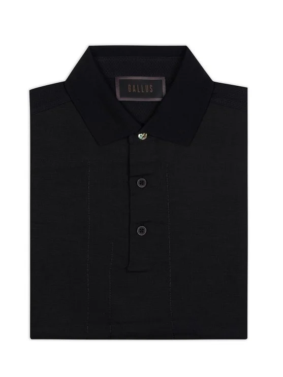 Gallus Siyah Polo Yaka Desenli Regular Fit Pamuk Keten Tişört - Gallus