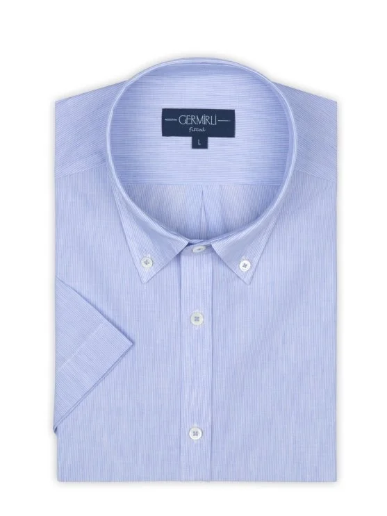 Germirli Açık Mavi Beyaz Çizgili Keten Pamuk Kısa Kollu Düğmeli Yaka Tailor Fit Gömlek - Germirli 