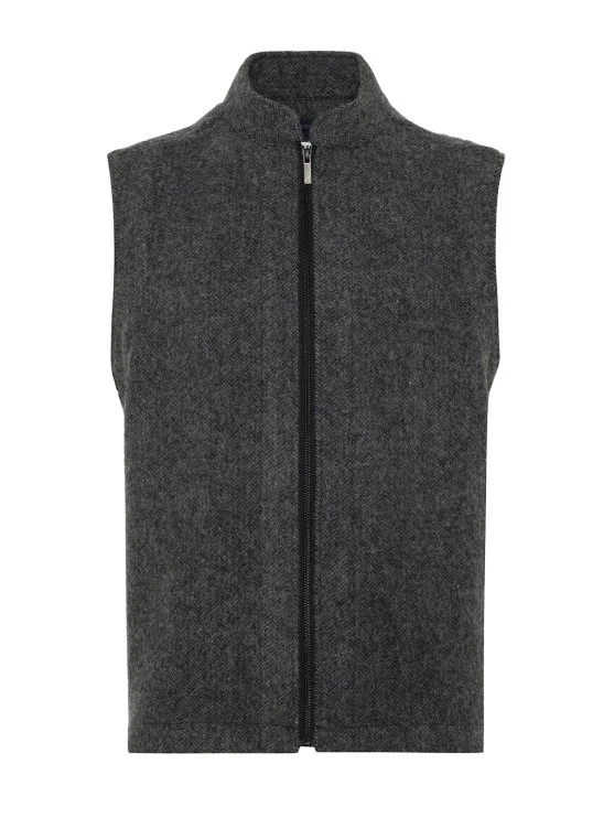 Germirli Albiate Gri Balıksırtı Desen Fermuarlı Rahat Kalıp Yünlü Yelek - Germirli