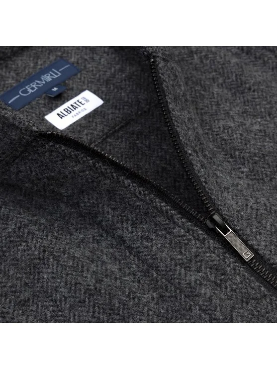 Germirli Albiate Gri Balıksırtı Desen Fermuarlı Rahat Kalıp Yünlü Yelek - Germirli