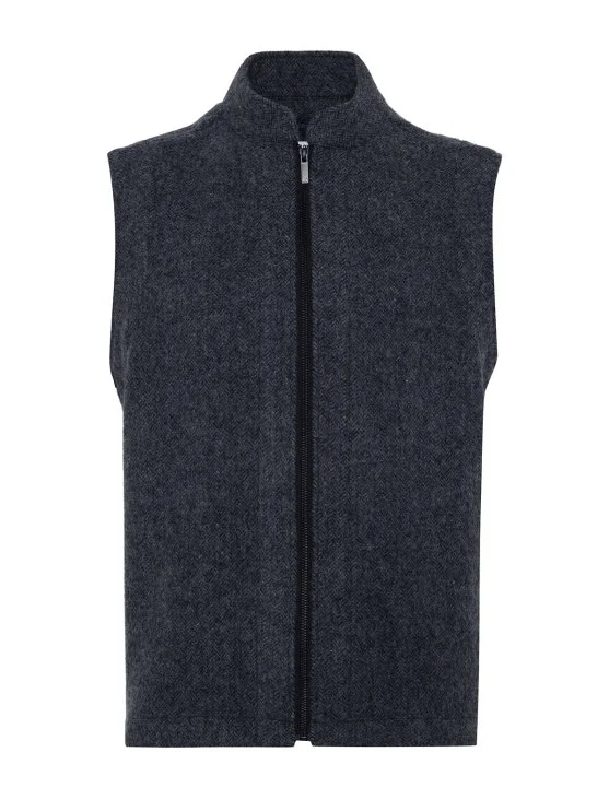 Germirli Albiate Indigo Mavi Balıksırtı Desen Fermuarlı Rahat Kalıp Yünlü Yelek - Germirli