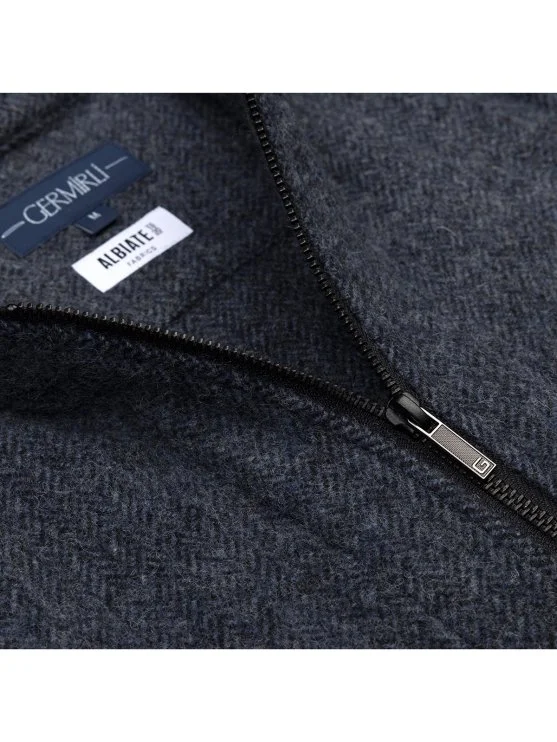 Germirli Albiate Indigo Mavi Balıksırtı Desen Fermuarlı Rahat Kalıp Yünlü Yelek - Germirli