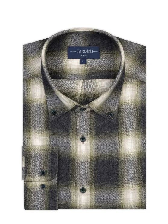 Germirli Albini Antrasit Yeşil Ekoseli Flanel Düğmeli Yaka Tailor Fit Pamuk Oduncu Gömlek - Germirli 