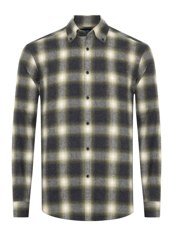 Germirli Albini Antrasit Yeşil Ekoseli Flanel Düğmeli Yaka Tailor Fit Pamuk Oduncu Gömlek - Germirli 