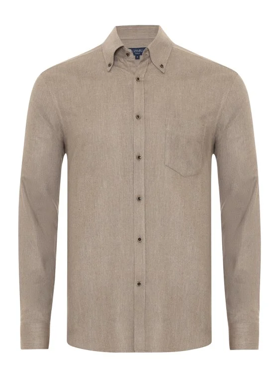 Germirli Albini Apres Ski Bej Balıksırtı Tailor Fit Düğmeli Yaka Lyocell Pamuk Flanel Gömlek - Germirli 