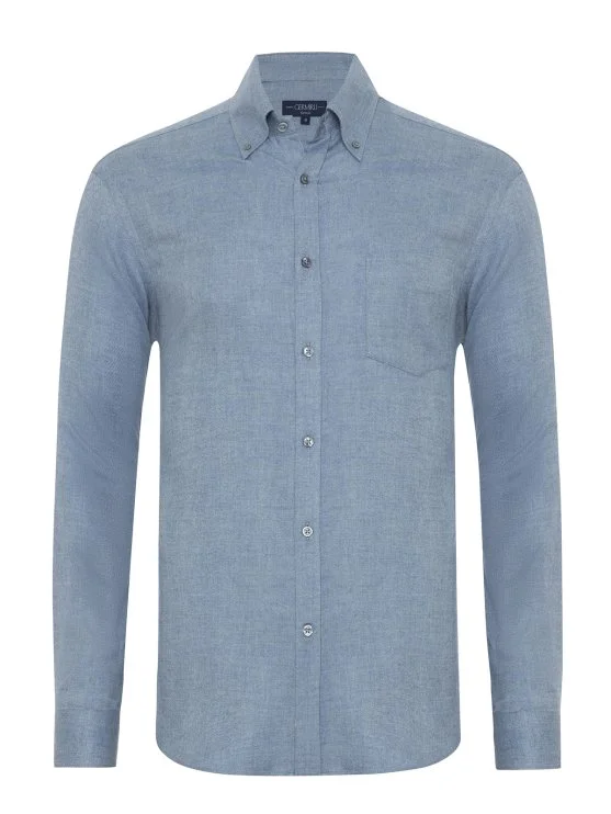 Germirli Albini Apres Ski Mavi Balıksırtı Tailor Fit Düğmeli Yaka Lyocell Pamuk Flanel Gömlek - Germirli 