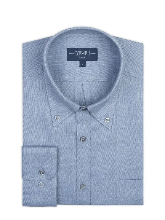 Germirli Albini Apres Ski Mavi Balıksırtı Tailor Fit Düğmeli Yaka Lyocell Pamuk Flanel Gömlek - Germirli 