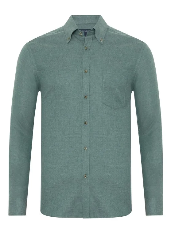 Germirli Albini Apres Ski Yeşil Balıksırtı Tailor Fit Düğmeli Yaka Lyocell Pamuk Flanel Gömlek - Germirli 