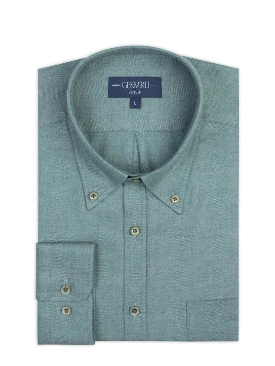 Germirli Albini Apres Ski Yeşil Balıksırtı Tailor Fit Düğmeli Yaka Lyocell Pamuk Flanel Gömlek - Germirli 