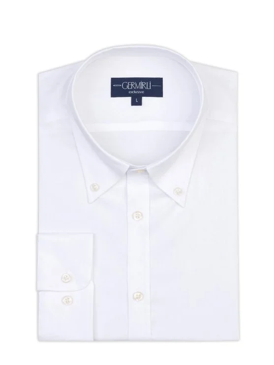 Germirli Albini Beyaz Twill Relax Formula Exclusive Tailor Fit Düğmeli Yaka Pamuk Gömlek - Germirli 