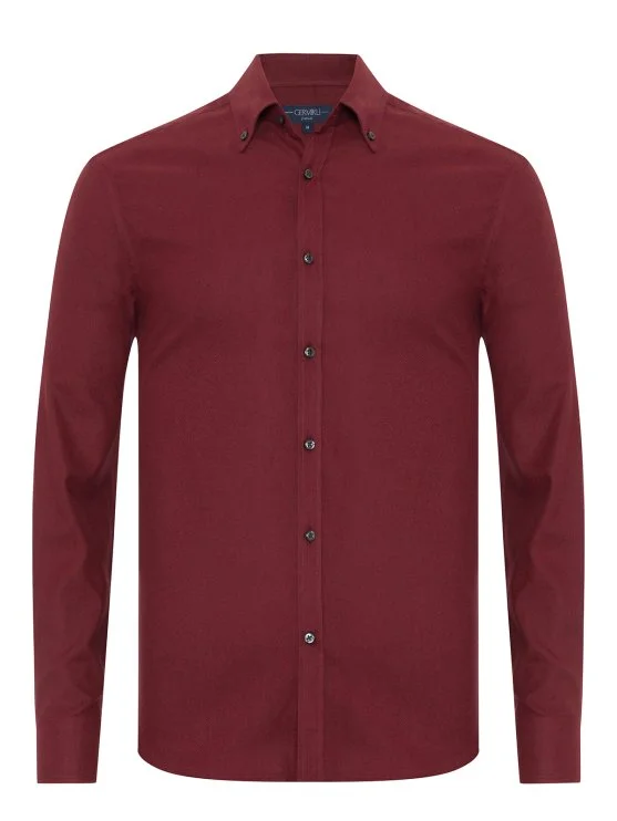 Germirli Albini Bordo Tailor Fit Düğmeli Yaka Organik Pamuk Flanel Gömlek - Germirli 