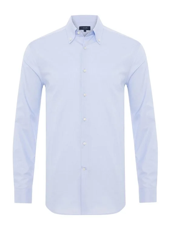 Germirli Albini Doğal Streç Exclusive Mavi Oxford Tailor Fit Düğmeli Yaka Pamuk Gömlek - Germirli 