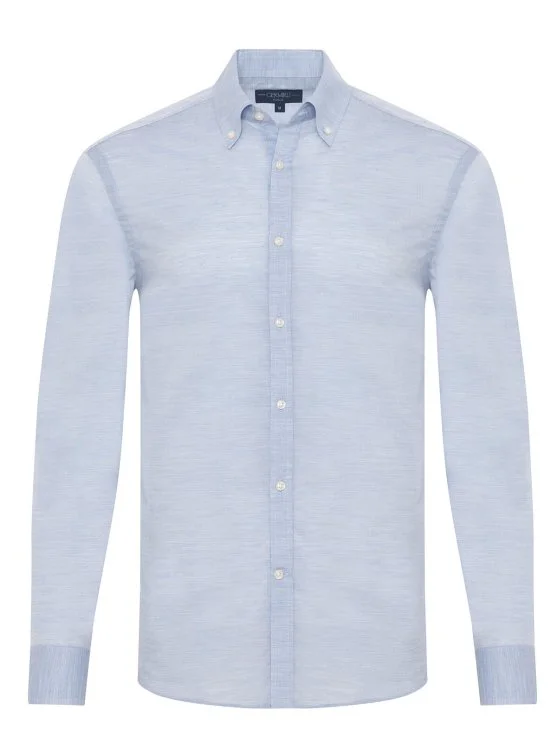 Germirli Albini Düğmeli Yaka Tailor Fit Mavi Pamuk Vual Erkek Gömlek - Germirli 