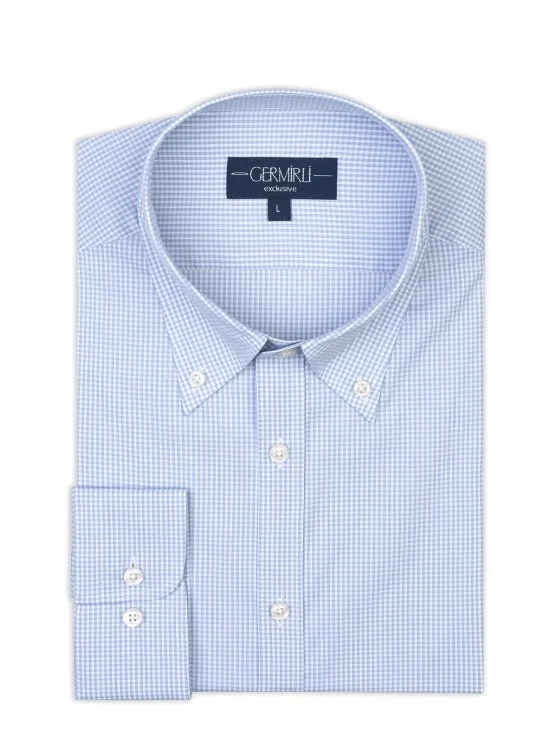 Germirli Albini Exclusive Mavi Pötikareli Piumino 120 Tailor Fit Pamuk Gömlek - Germirli 