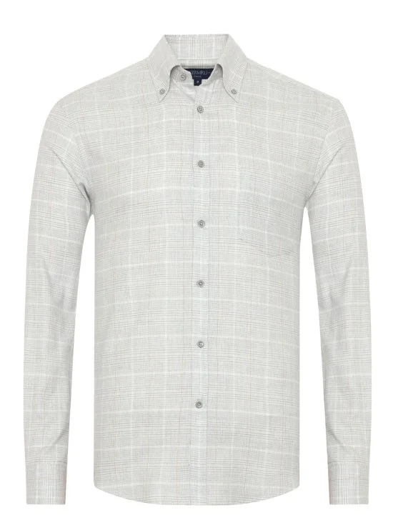 Germirli Albini Gri Ekose Apres Ski Düğmeli Yaka Tailor Fit Lyocell Pamuk Flanel Gömlek - Germirli 