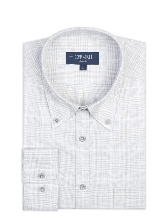 Germirli Albini Gri Ekose Apres Ski Düğmeli Yaka Tailor Fit Lyocell Pamuk Flanel Gömlek - Germirli 