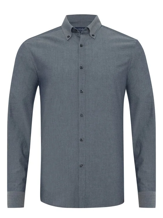 Germirli Albini İndigo Rengi Düğmeli Yaka Tailor Fit Pamuk Denim Gömlek - Germirli 