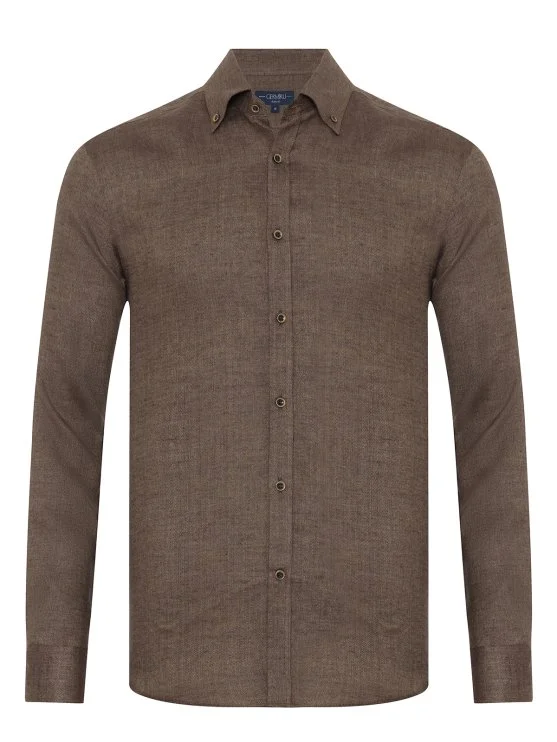 Germirli Albini Kahverengi Balıksırtı Düğmeli Yaka Tailor Fit Keten Yün Gömlek - Germirli 