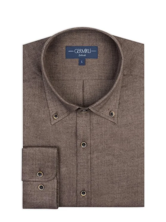 Germirli Albini Kahverengi Balıksırtı Düğmeli Yaka Tailor Fit Keten Yün Gömlek - Germirli 