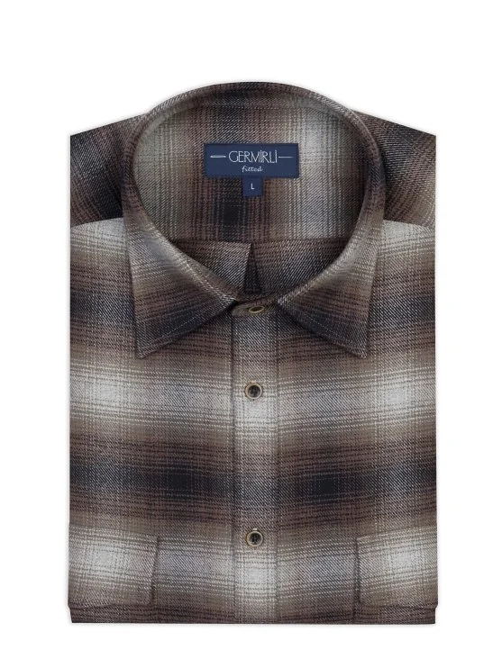 Germirli Albini Kahverengi Gri Ekoseli Flanel Tailor Fit Pamuk Oduncu Gömlek - Germirli 