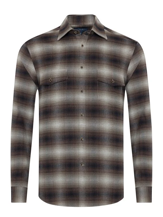 Germirli Albini Kahverengi Gri Ekoseli Flanel Tailor Fit Pamuk Oduncu Gömlek - Germirli 