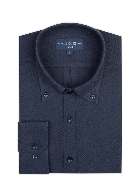 Germirli Albini Lacivert Tailor Fit Düğmeli Yaka Organik Pamuk Flanel Gömlek - Germirli 