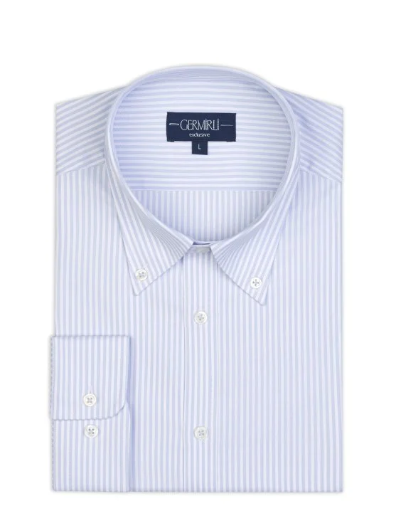 Germirli Albini Mavi Çizgili Exclusive Düğmeli Yaka Tailor Fit Pamuk Gömlek - Germirli