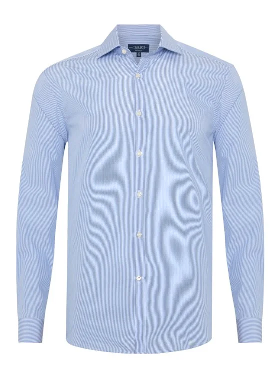 Germirli Albini Mavi İnce Çizgili Exclusive Super Piumino İtalyan Yaka Tailor Fit Pamuk Gömlek - Germirli 