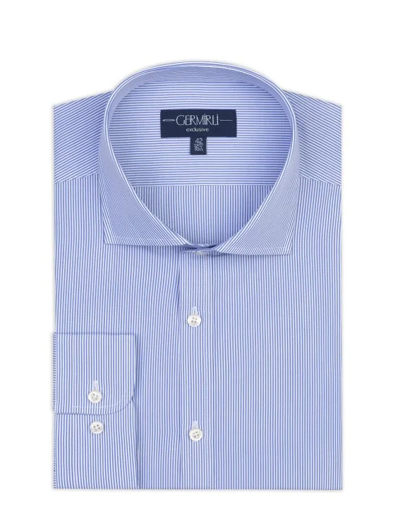Germirli Albini Mavi İnce Çizgili Exclusive Super Piumino İtalyan Yaka Tailor Fit Pamuk Gömlek - Germirli 