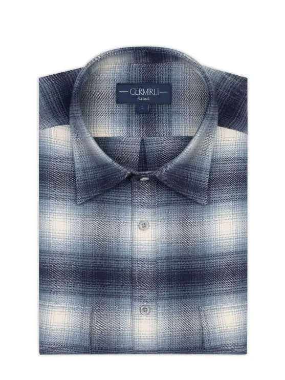 Germirli Albini Mavi Lacivert Ekoseli Flanel Tailor Fit Pamuk Oduncu Gömlek - Germirli